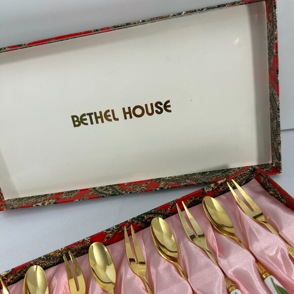 Vintage Bethel House Cocktail Forks Spoons Set Gold Porcelain Handles Tulips - Picture 3 of 14